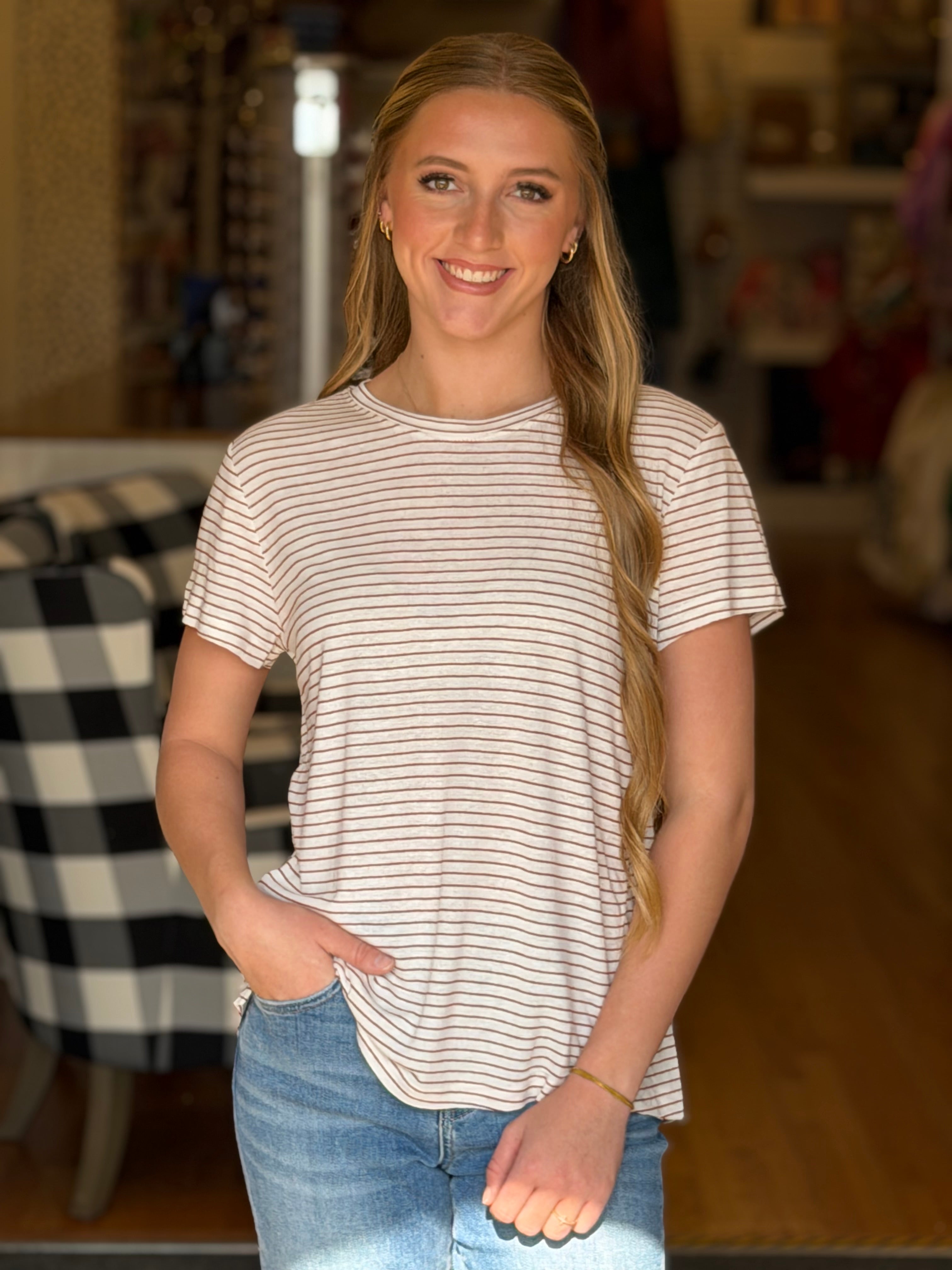 Round Neck Relaxed Fit Tee - Cherry Stripe