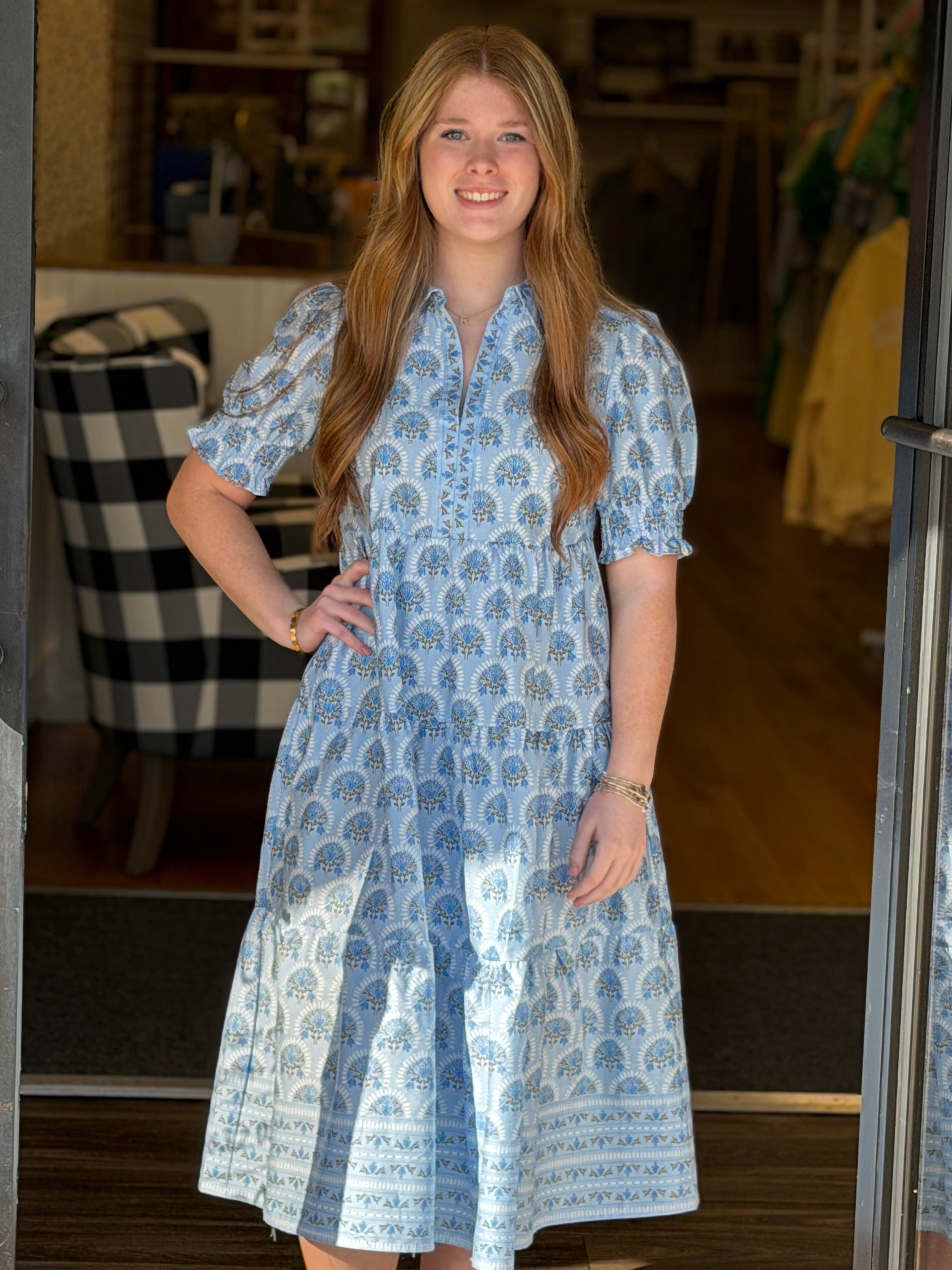 Mary Square Molly Dress -Sunshower Flora Blue