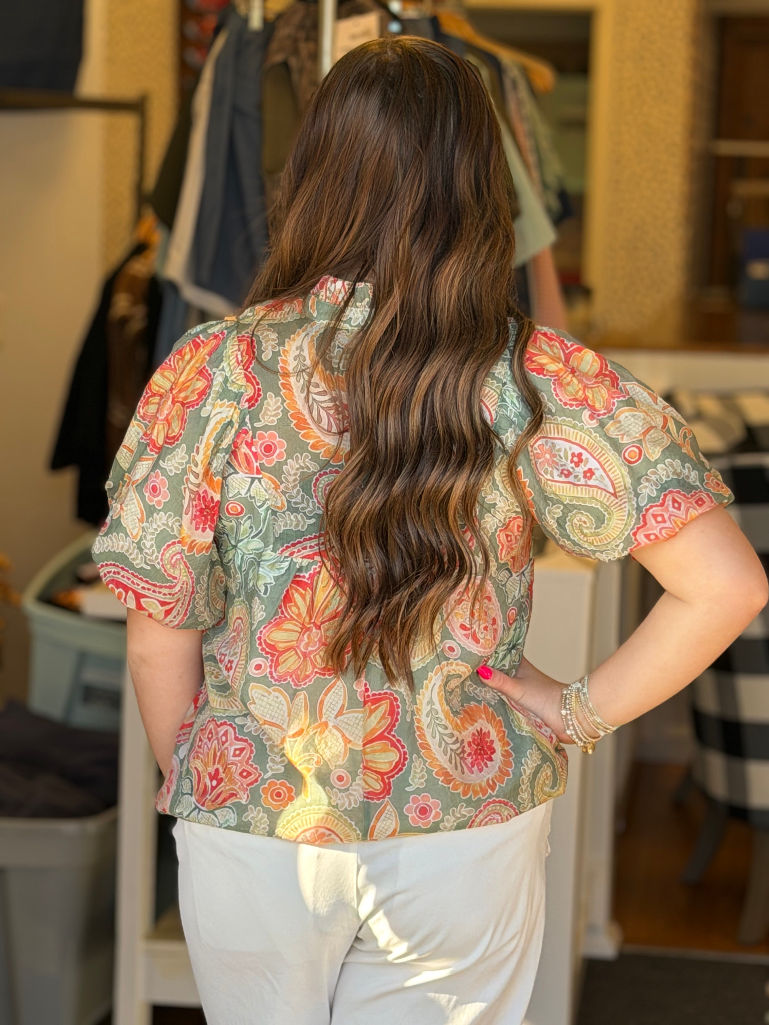 Paisley Print Top - Green Mix