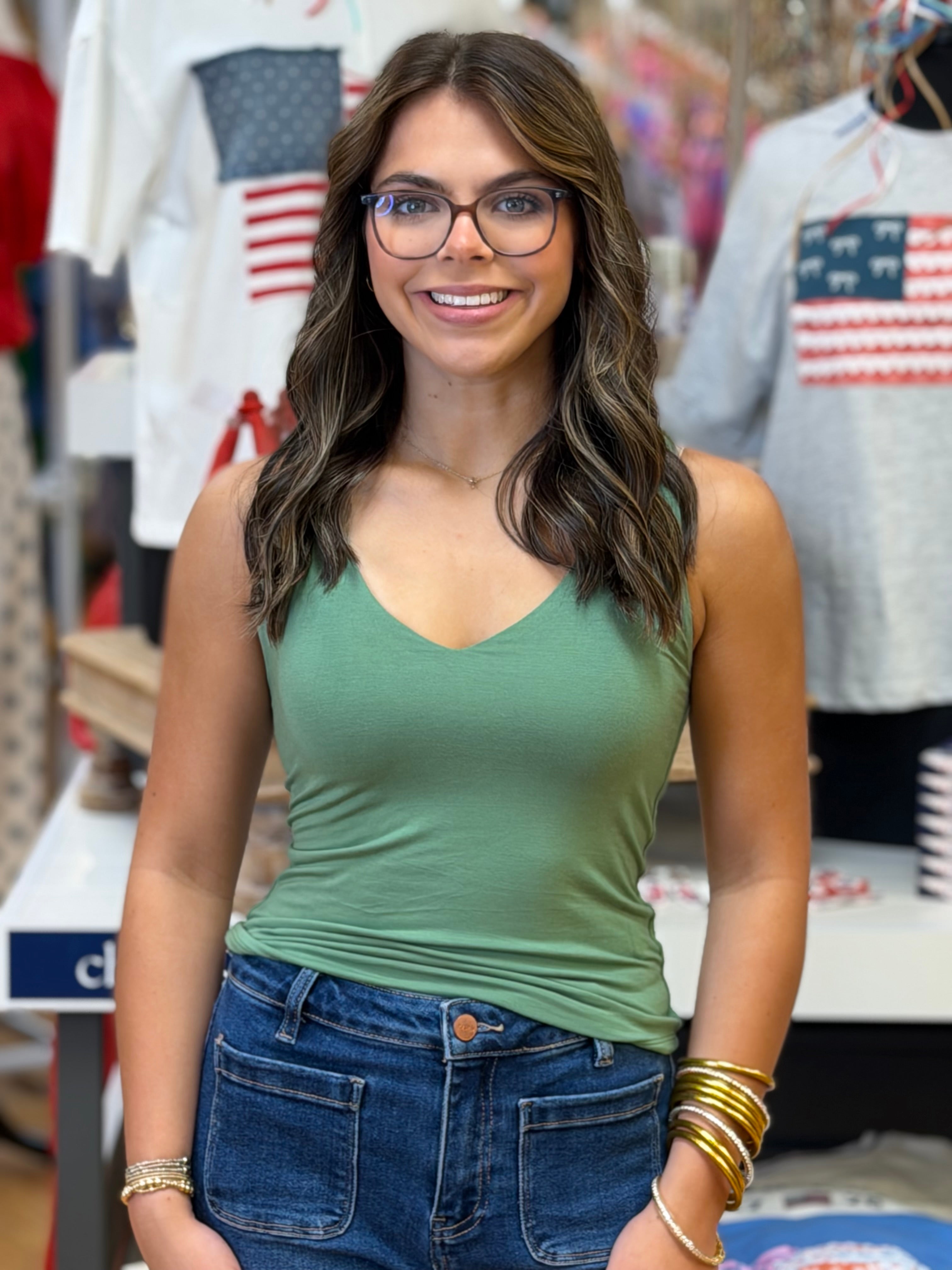 Double Lined Full Length V-Neck Tank - Leek