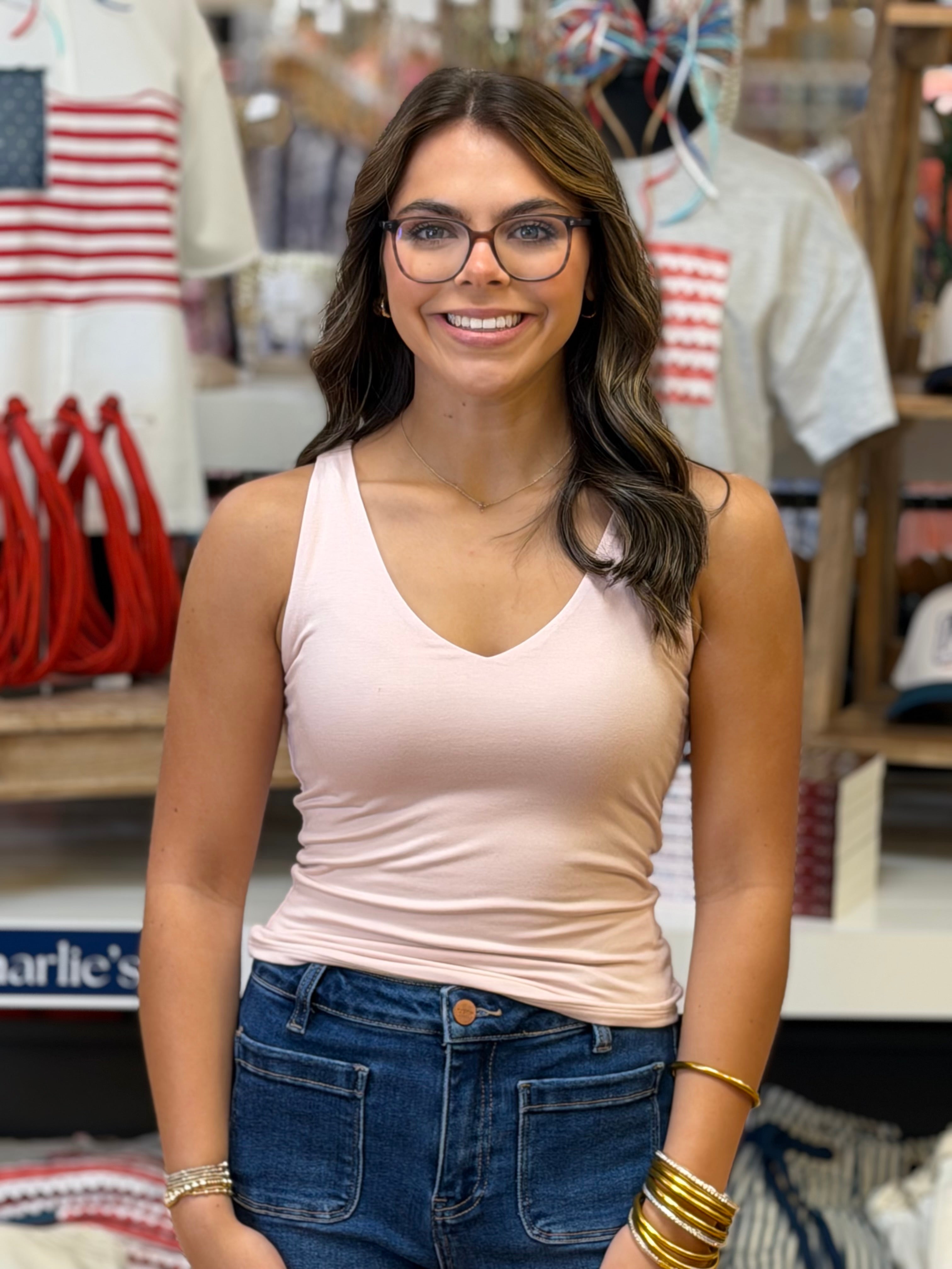 Double Lined Full Length V-Neck Tank - Blush
