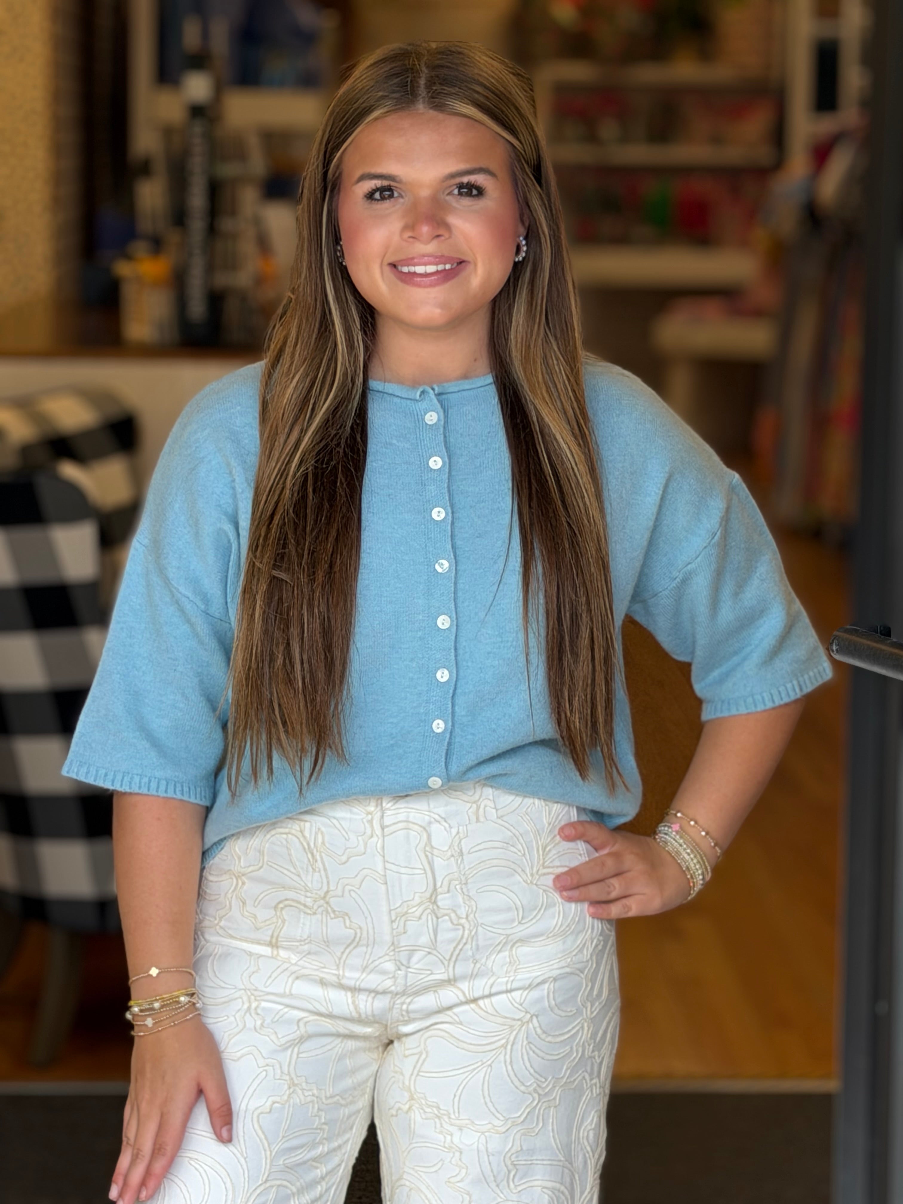 Solid Button Down Short Sleeve Cardigan - Baby Blue