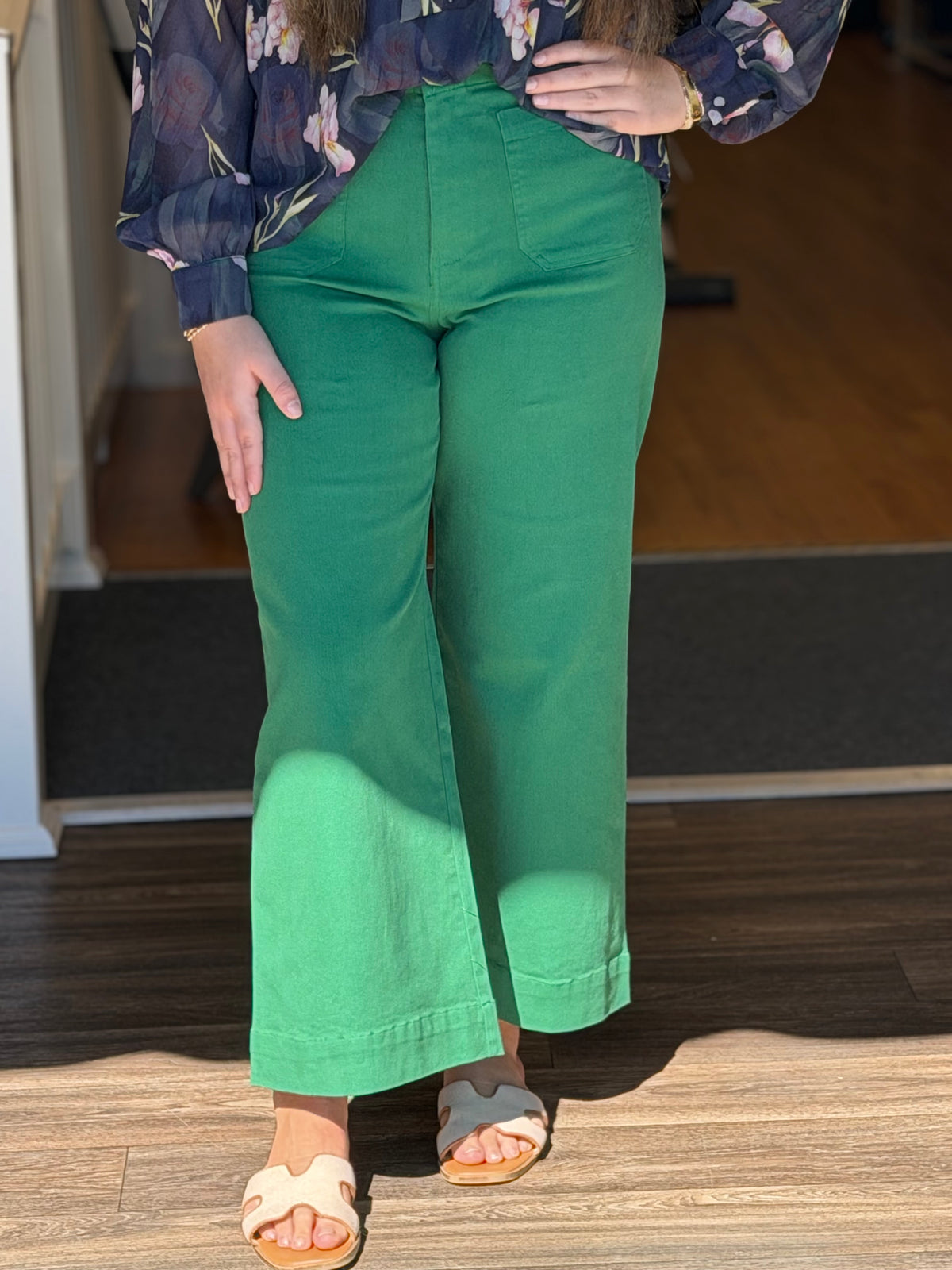 Soft Washed Wide Leg Pants - Green