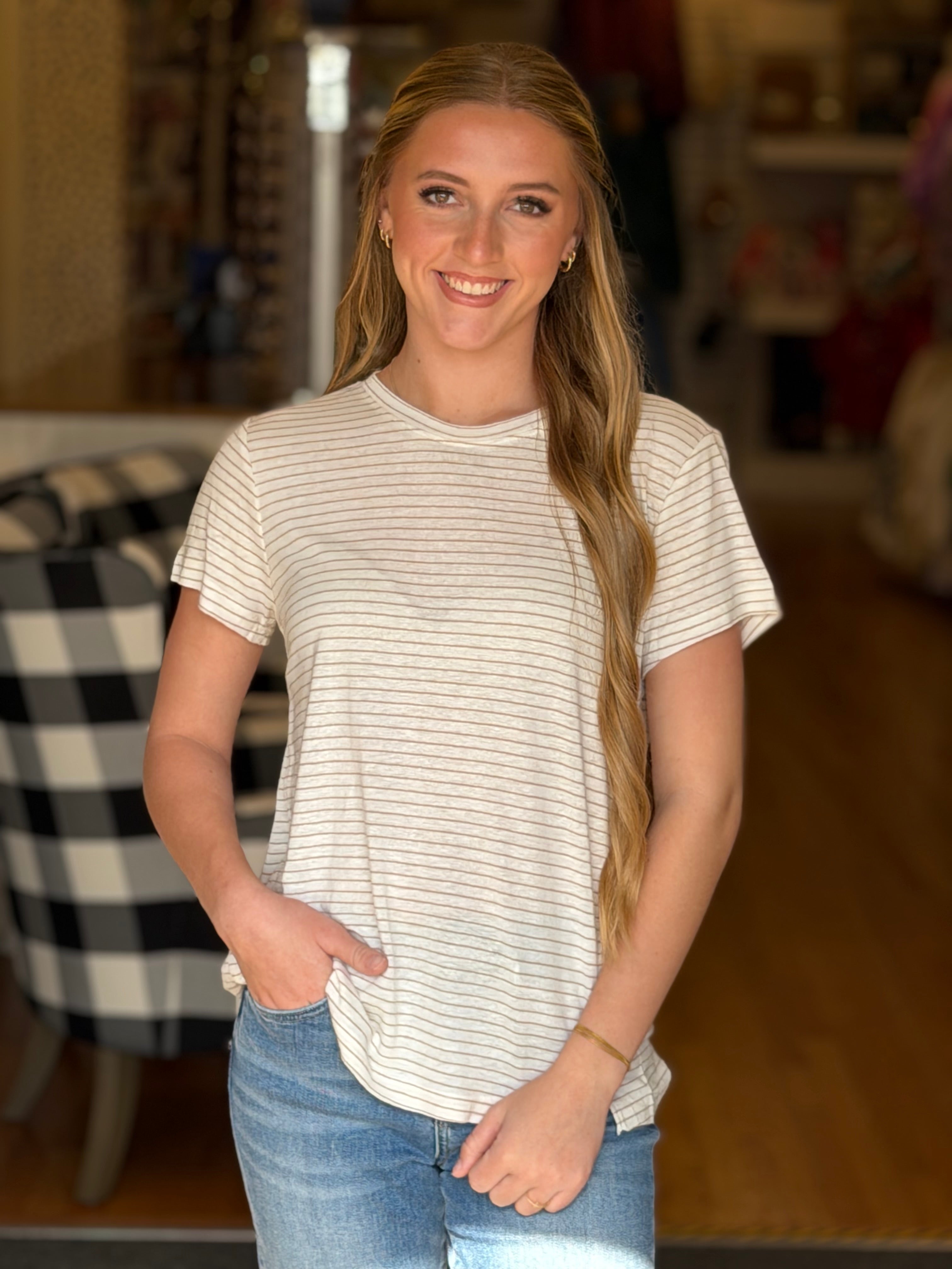Round Neck Relax Fit Tee - Mocha Stripe