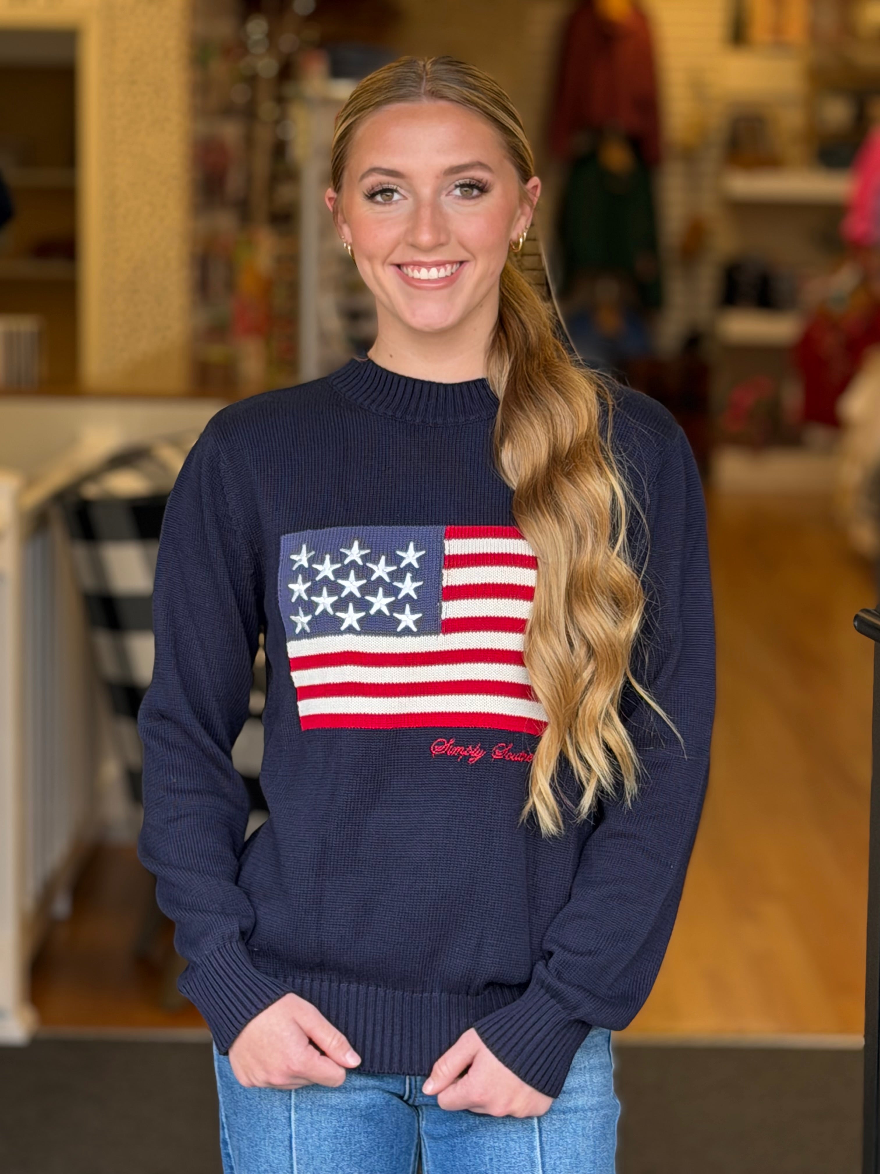 Simply Southern Navy American Flag Sweater