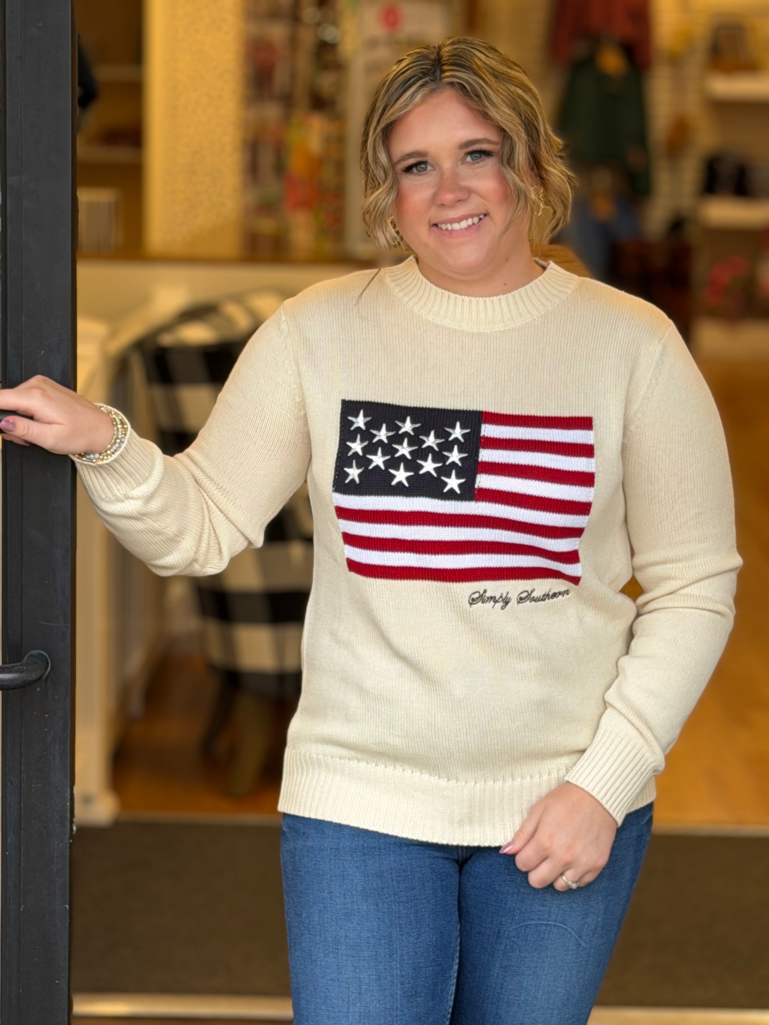 Simply Southern Ivory American Flag Sweater