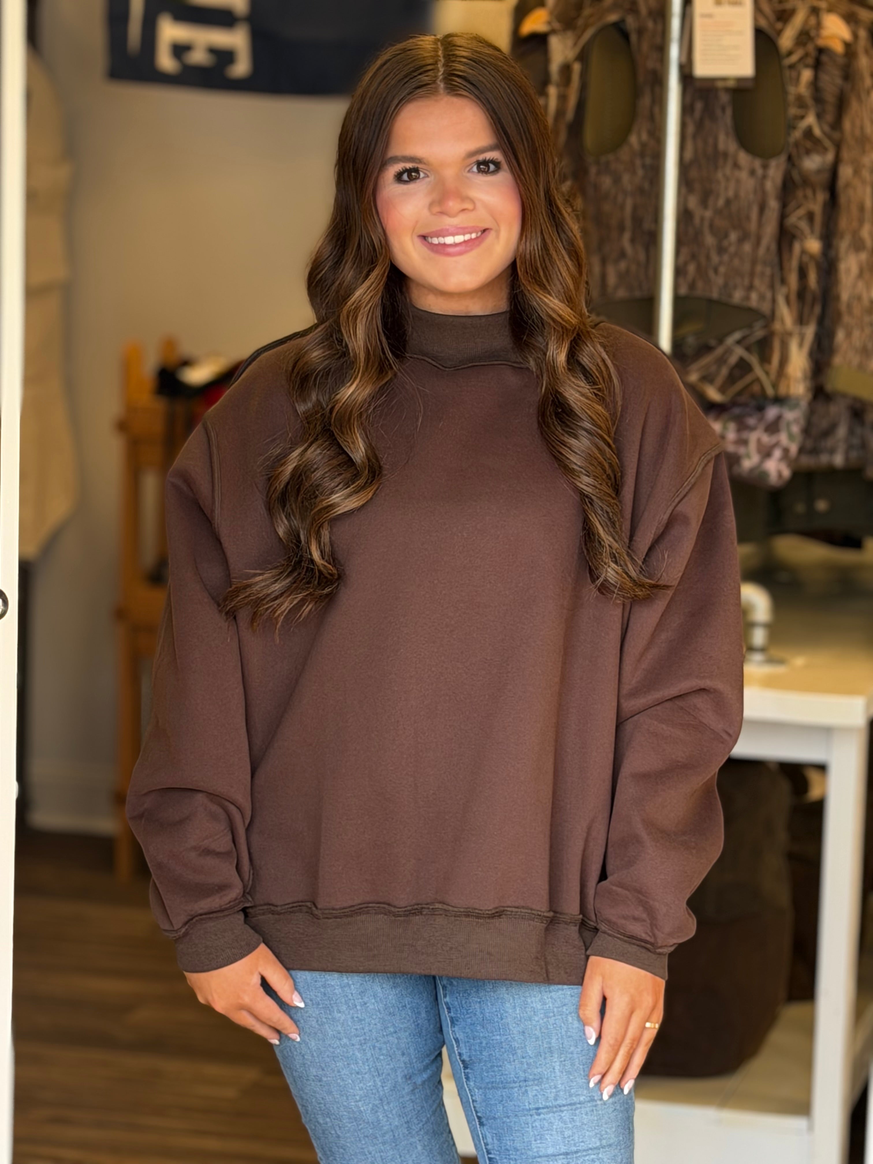 Mock Neck Oversized Sweatshirt - Chocolate