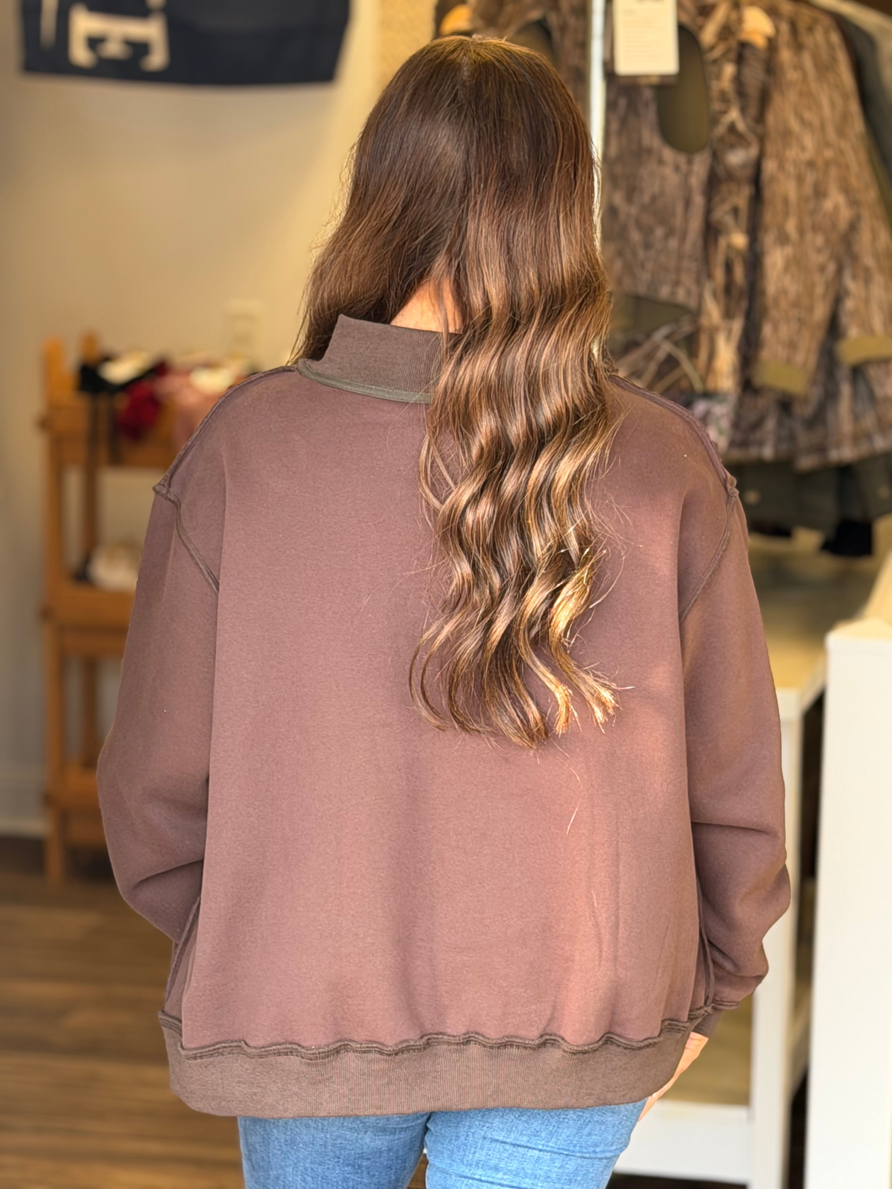 Mock Neck Oversized Sweatshirt - Chocolate