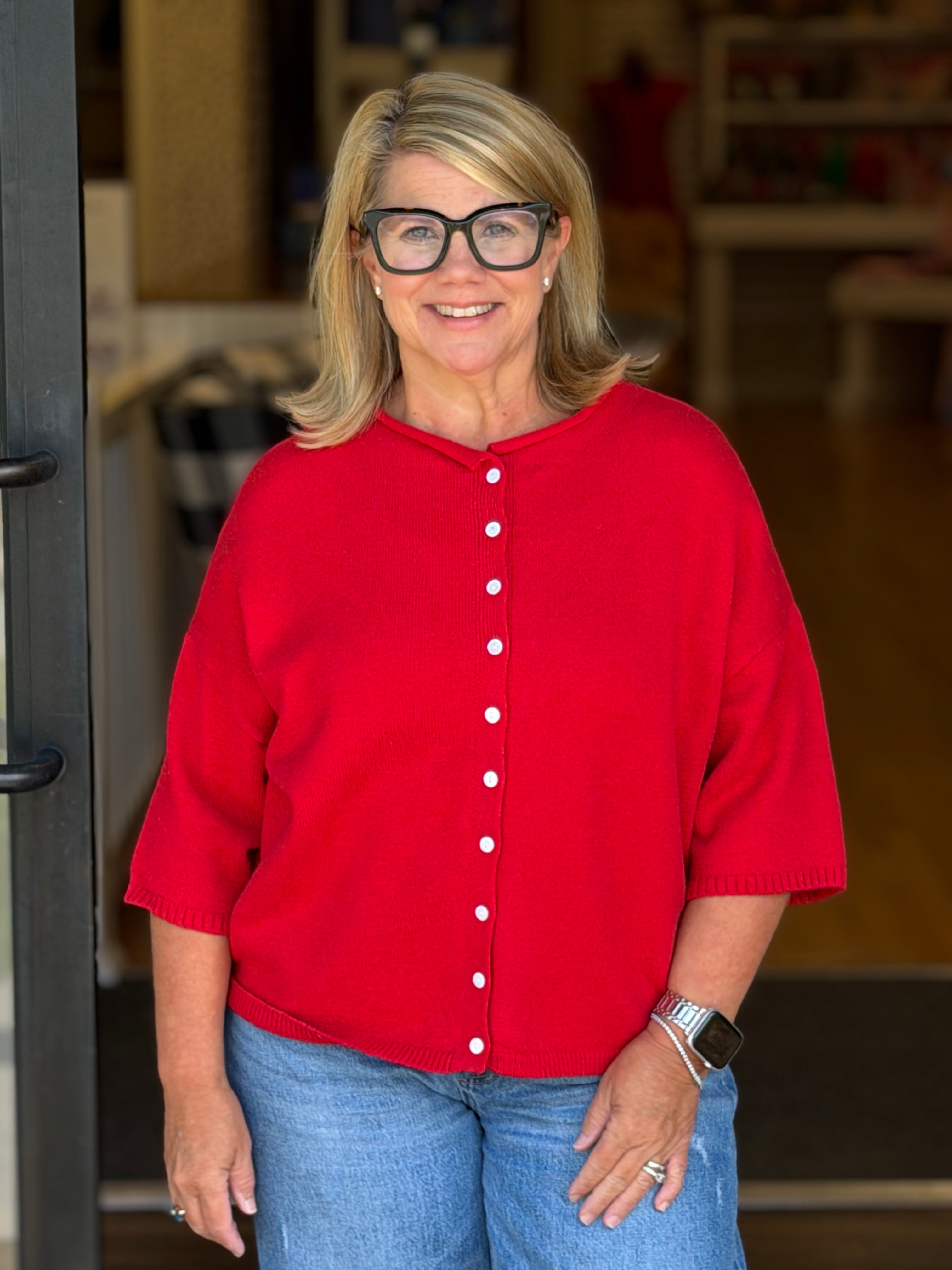 Solid Button Down Short Sleeve Cardigan - Red