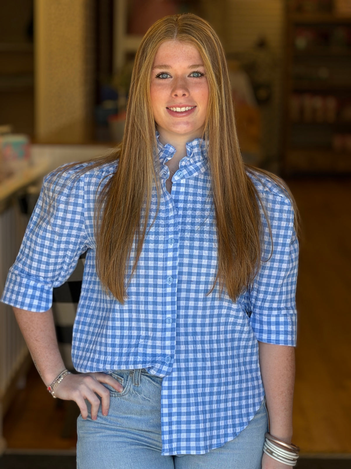 Adrienne Jodie Blue and White Gingham Top