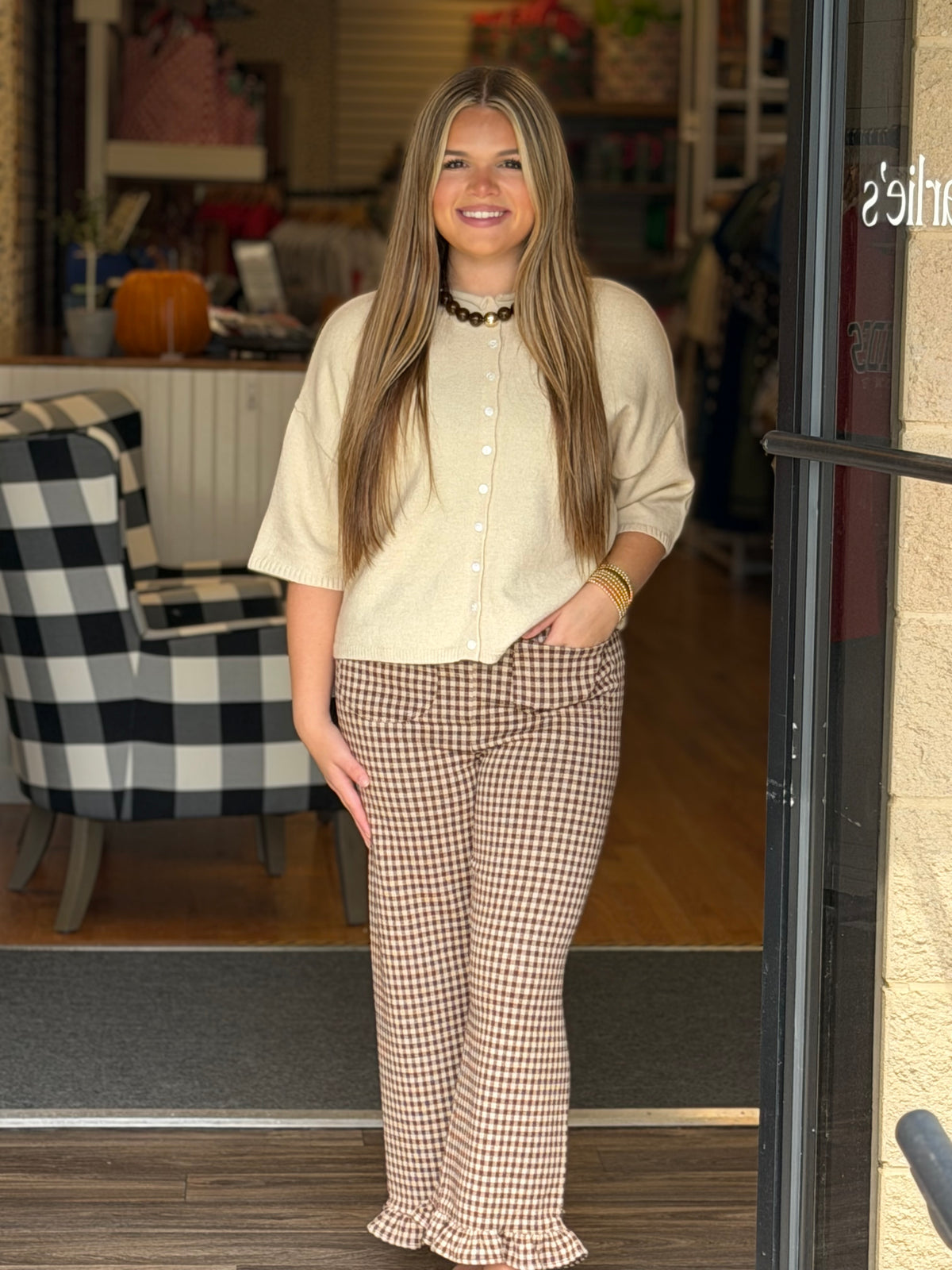 Gingham Ruffle Hem Pants
