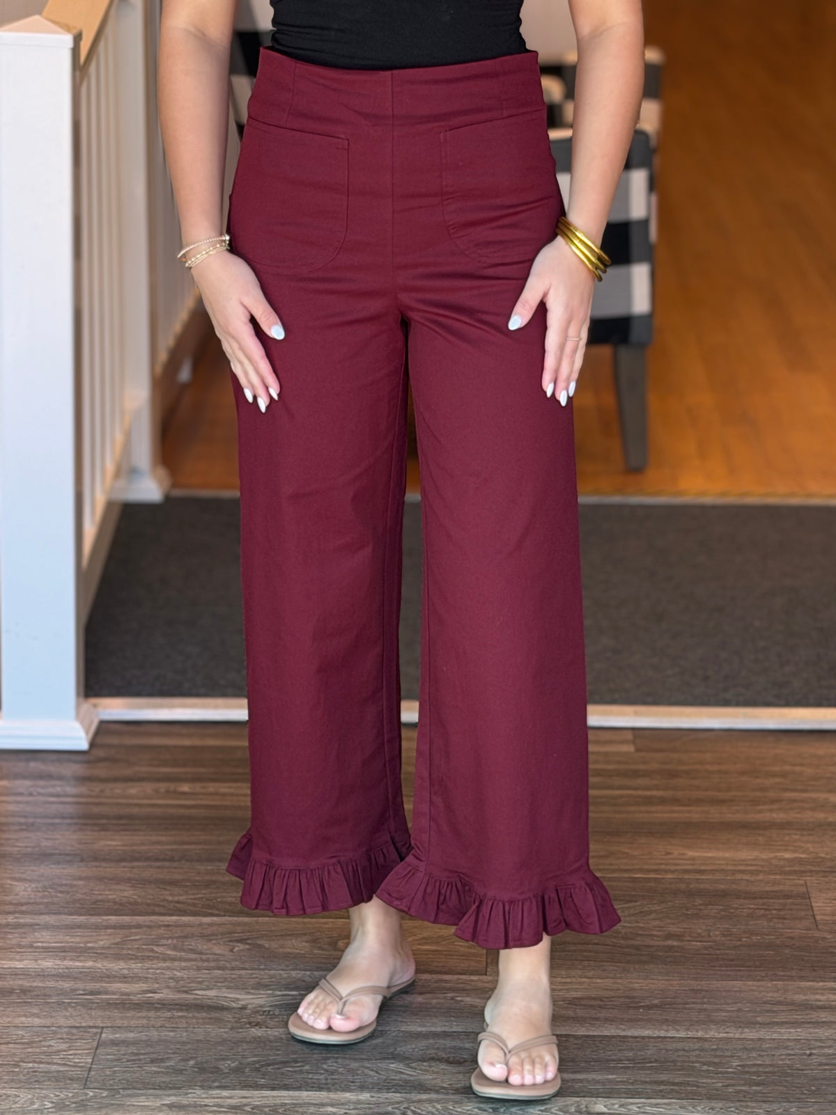 Straight Leg Ruffle Hem Pants - Wine
