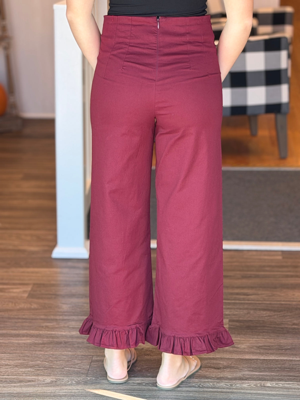 Straight Leg Ruffle Hem Pants - Wine