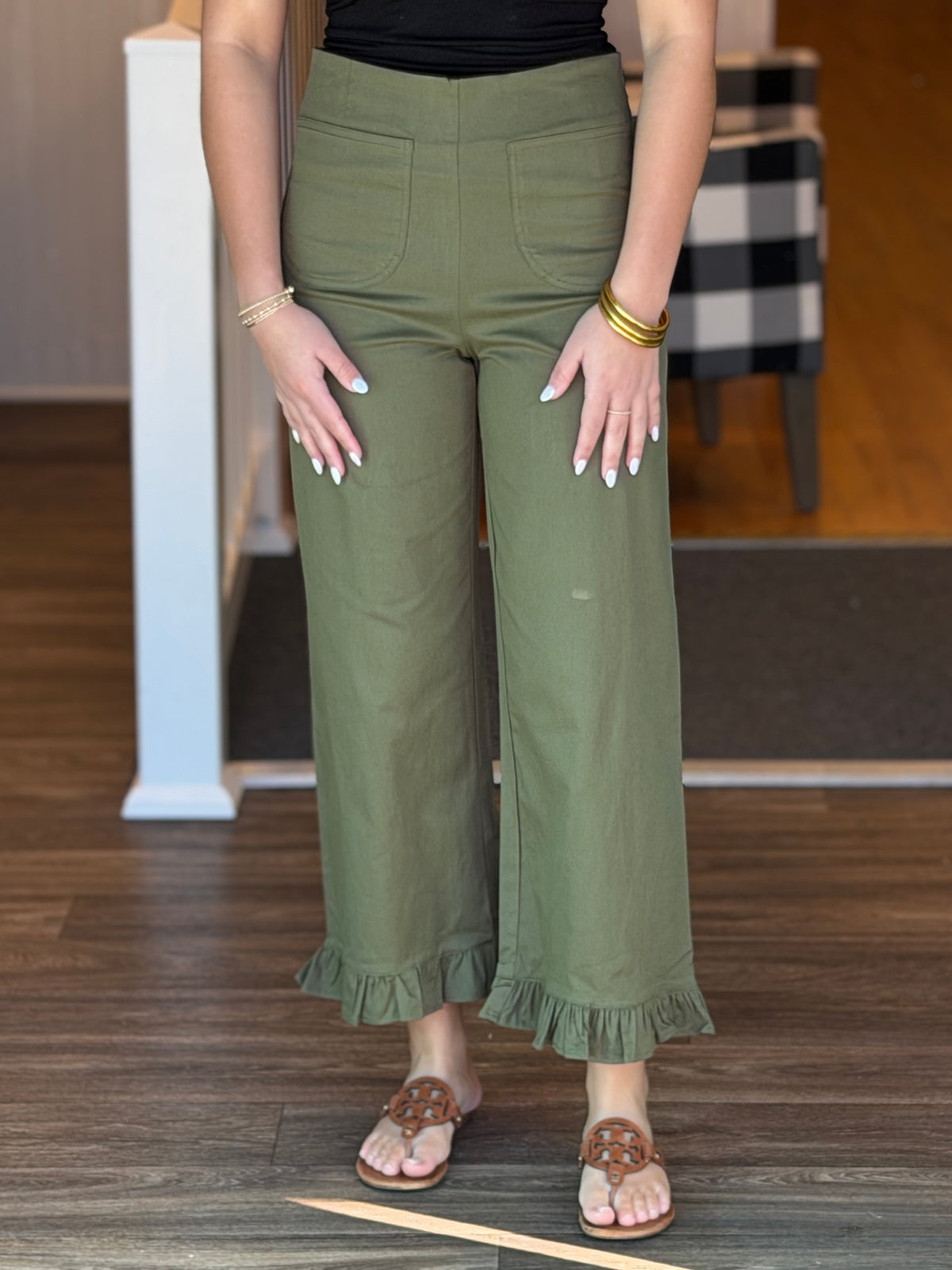 Straight Leg Ruffle Hem Pants - Olive