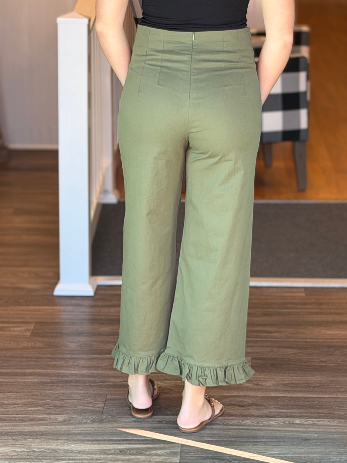 Straight Leg Ruffle Hem Pants - Olive