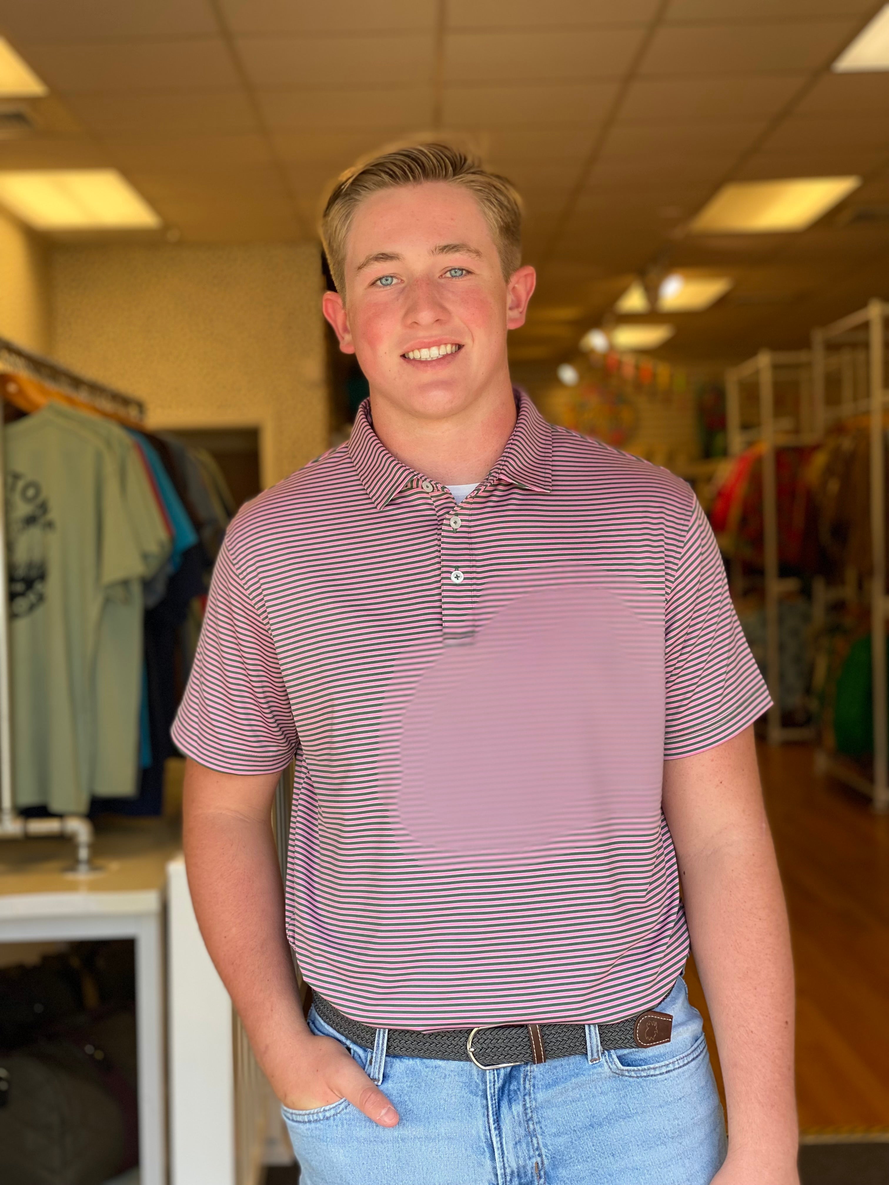 Bluecrest The University Stripe Performance Polo - Green, Pink, and White
